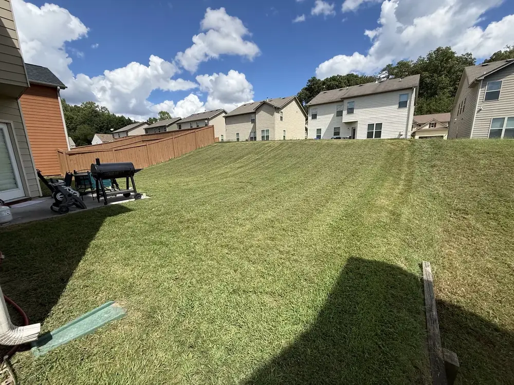 Freshly mowed sloped backyard with mowing stripes in Union City, GA