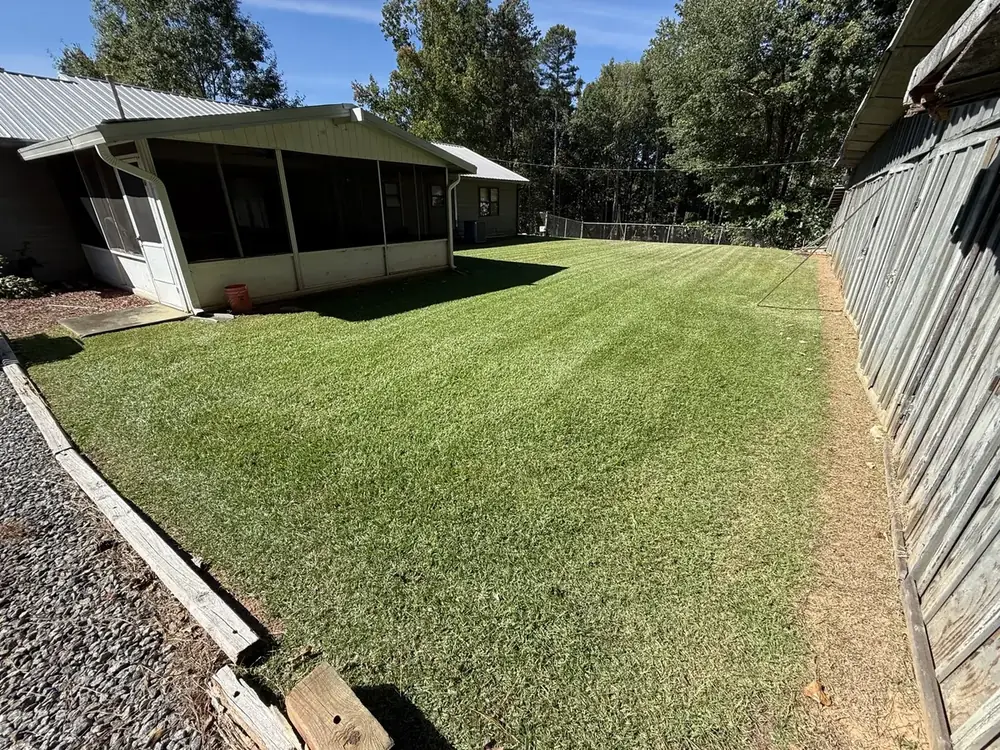 Striped, freshly mowed backyard lawn behind a screened porch in Kennesaw, GA